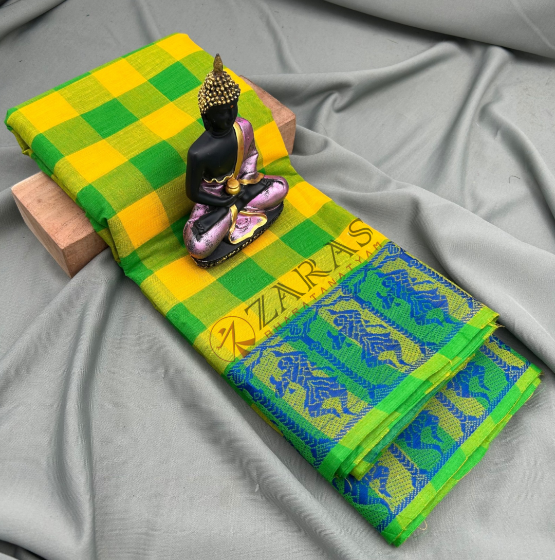Bharatanatyam Dance Practice Saree - L Yellow with Blue  Checked Doll Border image 0