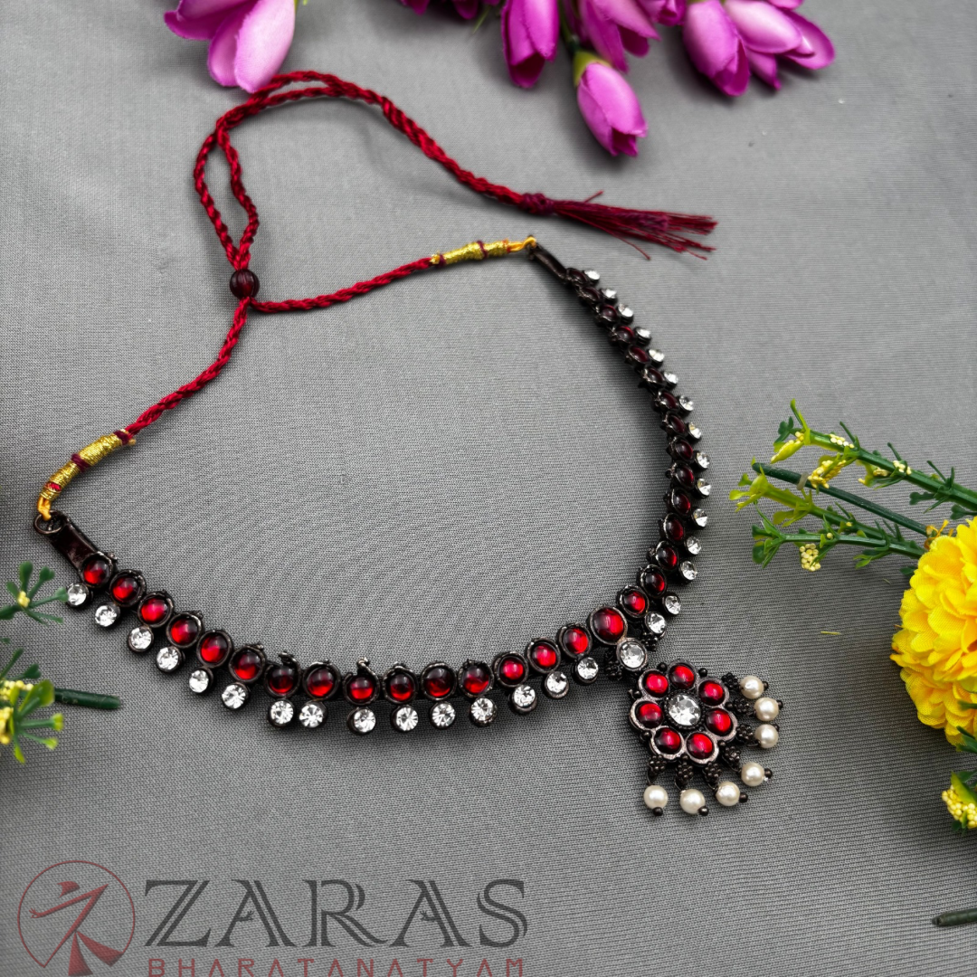 Bharatanatyam Dance Jewellery Black - Necklace Attigai Red Kemp CS Pearlsy image 1