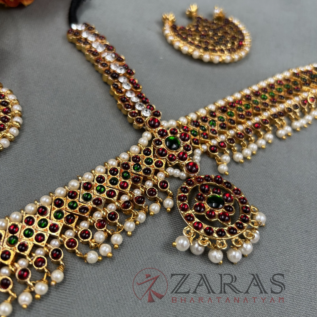 Bharatanatyam Dance Jewellery - Headset V Round Red Green Kemp image 2