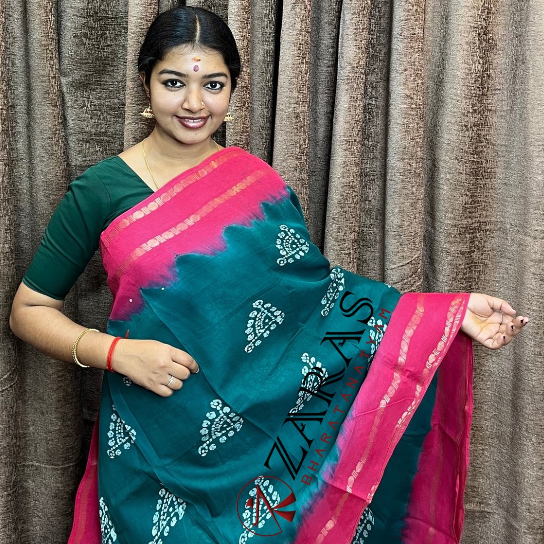 Bharatanatyam Dance Practice Saree - C Green with Pink Bandini Saree image 0