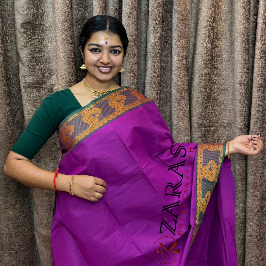 Bharatanatyam Dance Practice Saree - Purple Mustard Peacock Border image 0