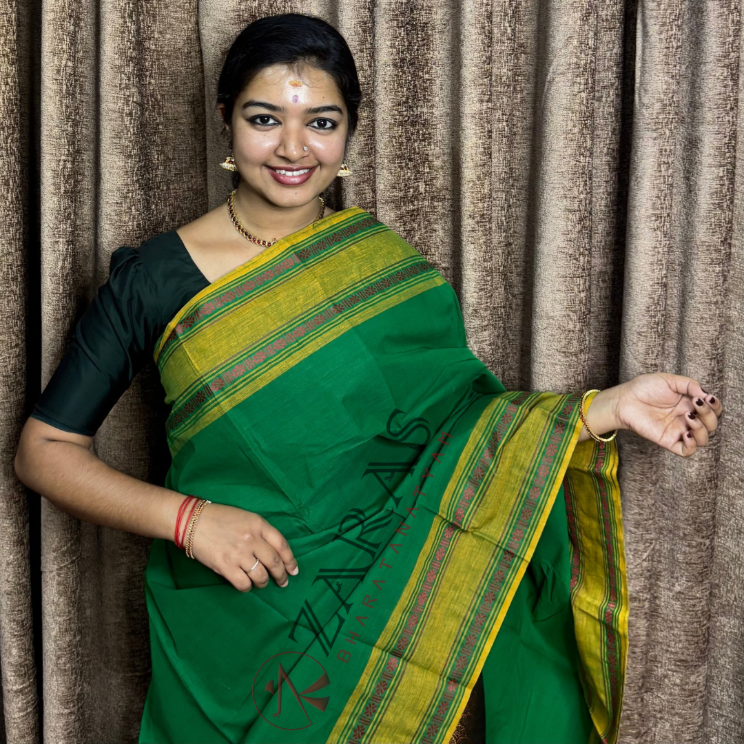 Bharatanatyam Dance Practice Saree - Green with Mustard Double Flower Border image 0