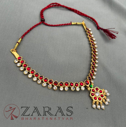 Bharatanatyam Dance Jewellery - Necklace 1 Line Attigai & Flower Red Kemp CS image 1