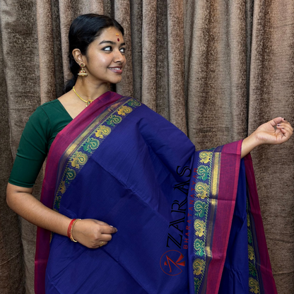 Bharatanatyam Dance Practice Saree - Blue D Red Small Peacock Border image 0