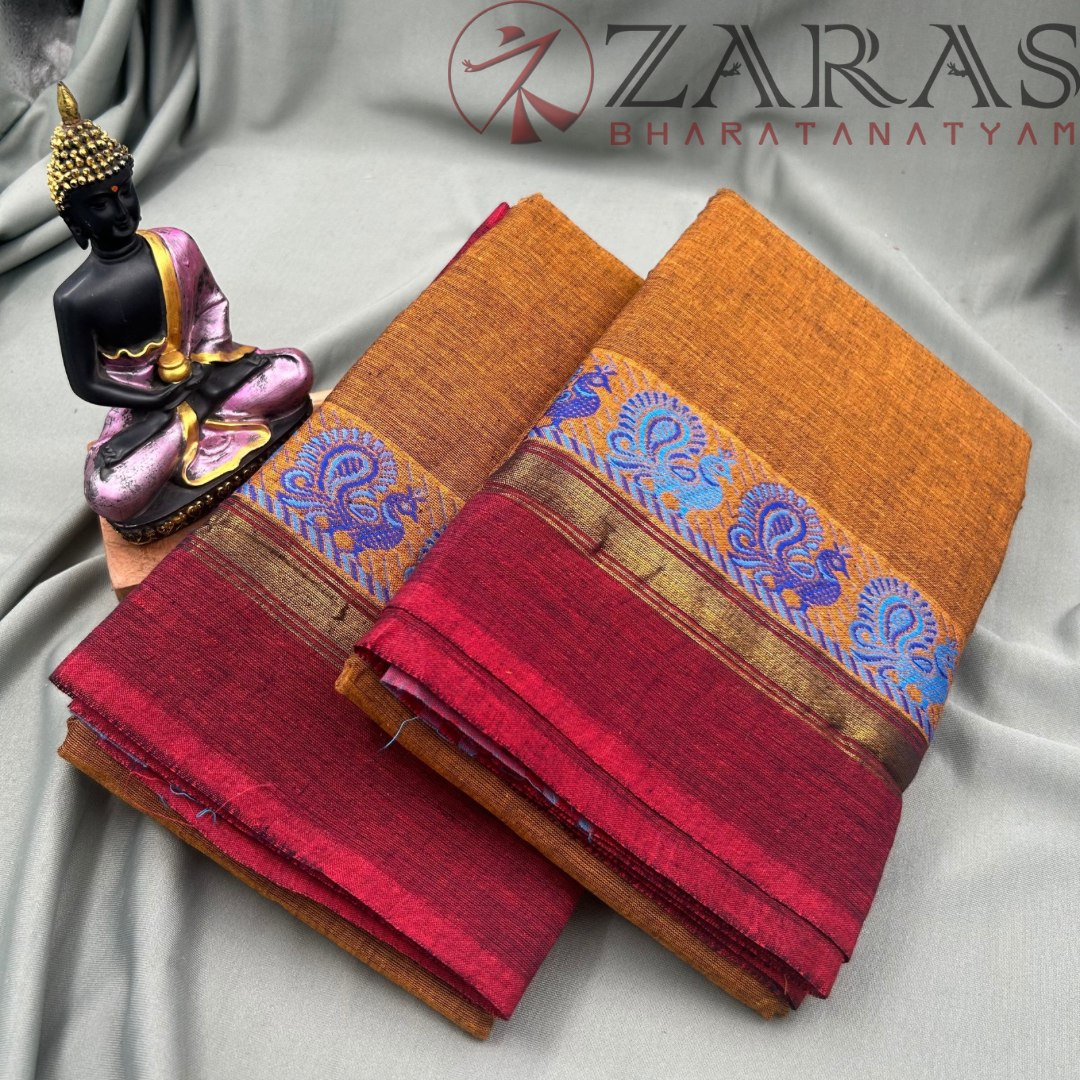 Bharatanatyam Dance Practice Saree - Golden Brown with maroon S Peacock Border image 1