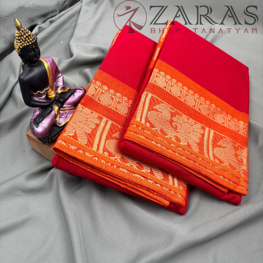 Bharatanatyam Dance Practice Saree - L Red Mus Gold Big Peacock Border image 2