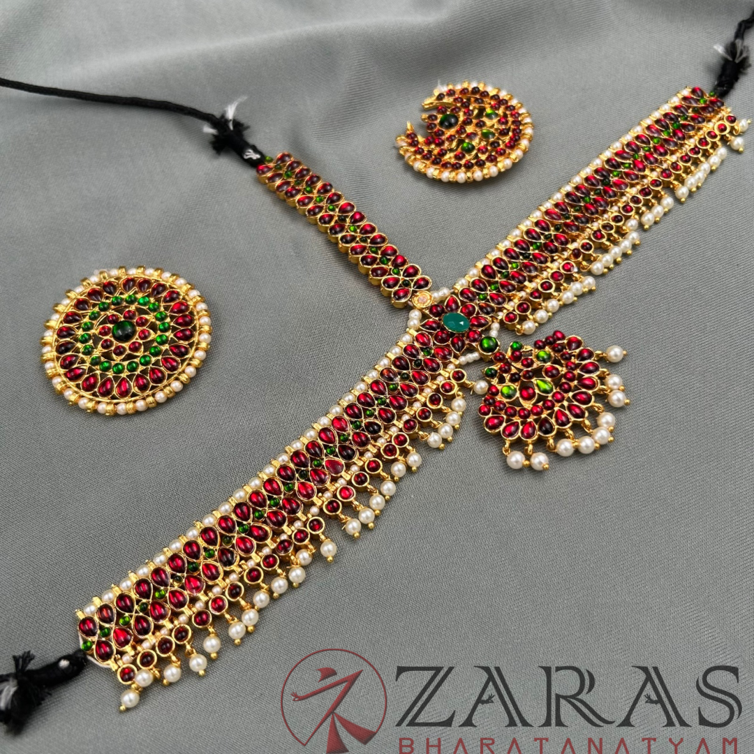 Bharatanatyam Dance Jewellery - Thilagam Design Red Green Kemp image 3
