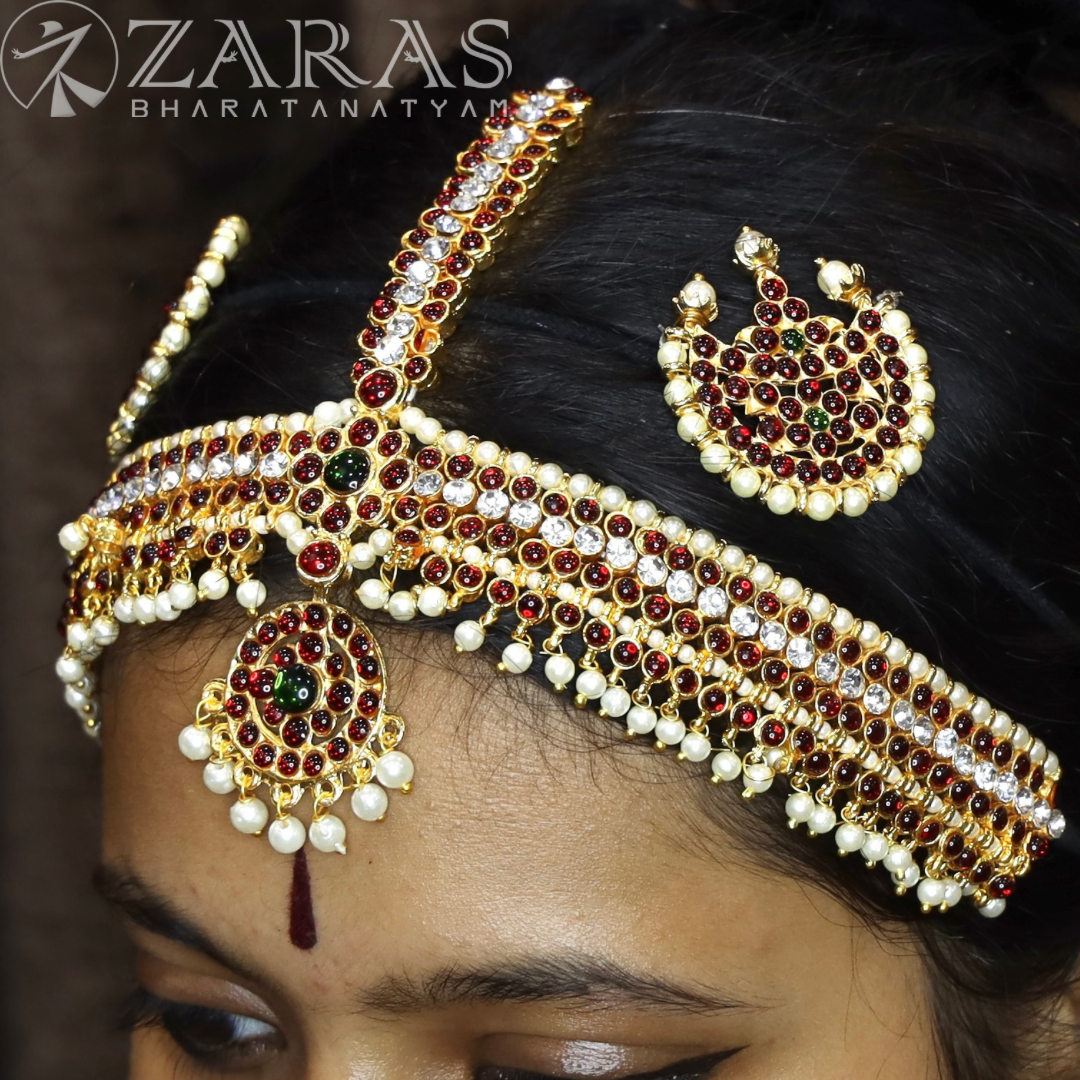 Bharatanatyam Dance Jewellery - Headset SOW & Round CS Red Green Kemp Be image 0