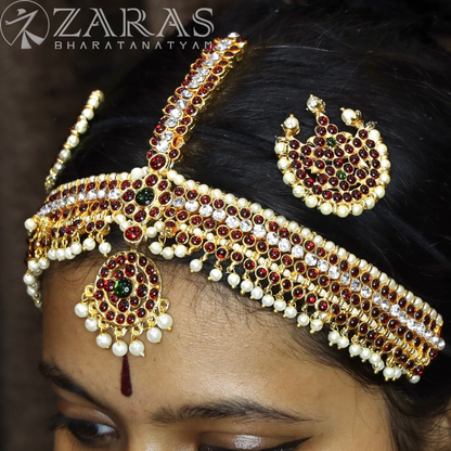Bharatanatyam Dance Jewellery - Headset SOW & Round CS Red Green Kemp Be image 0
