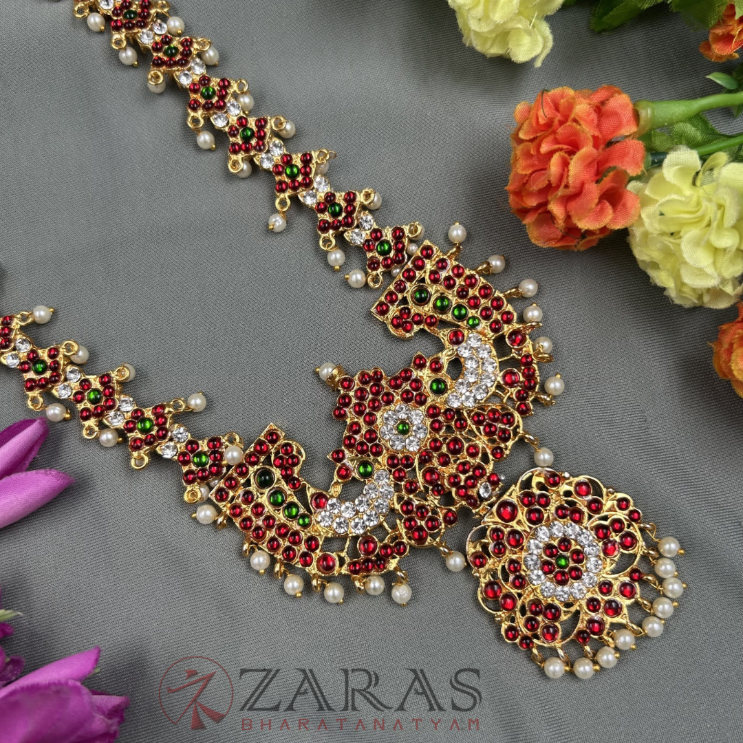 Bharatanatyam Dance Jewellery Haaram - Pecock & Flower RG Kemp Maalai / Long image 2