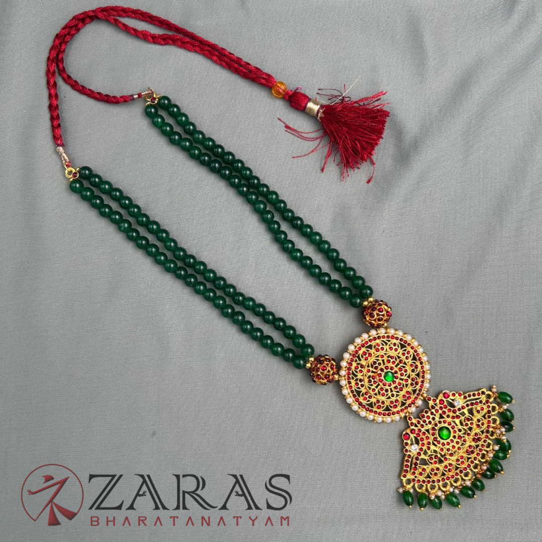 Bharatanatyam Dance Jewellery - Long Chain Green Beads Round Pen Kemp image 2
