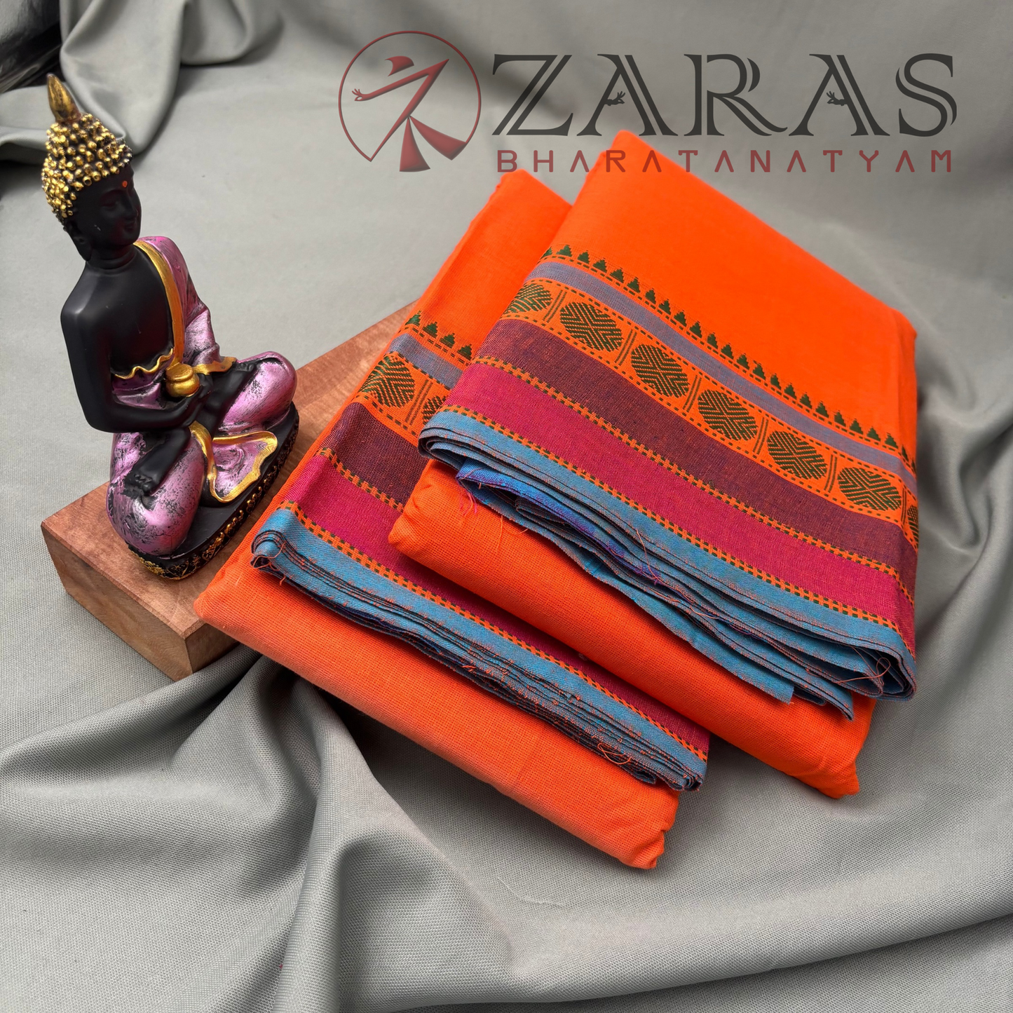 Bharatanatyam Dance Practice Saree - Orange with Blue Temple Coin Border image 2