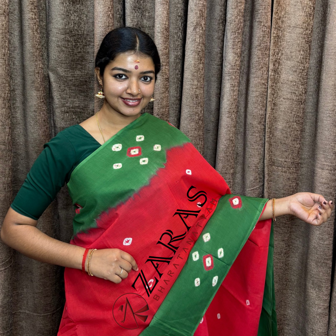 Bharatanatyam Dance Practice Saree - B Red with Green Bandini Saree image 0