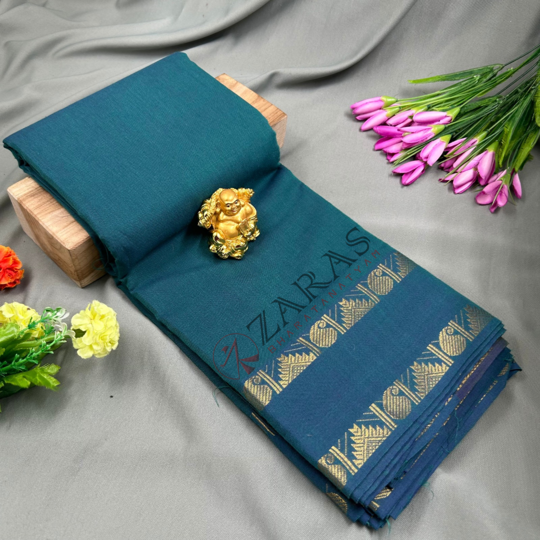 Bharatanatyam Dance Practice Saree - Peacock Green with Gold Manga and Temple Border image 0