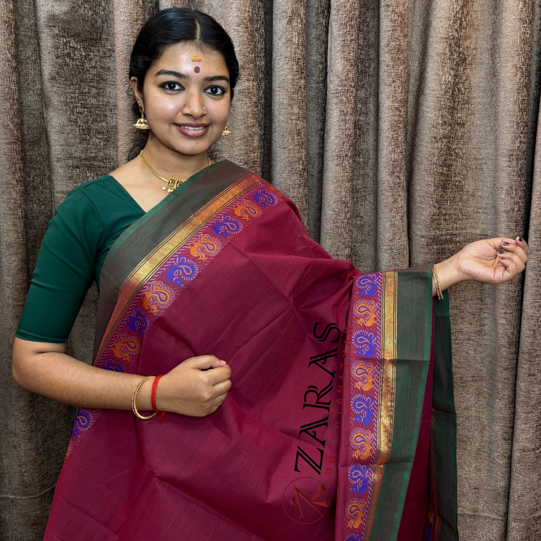 Bharatanatyam Dance Practice Saree - Maroon Green Small Peacock Border image 0