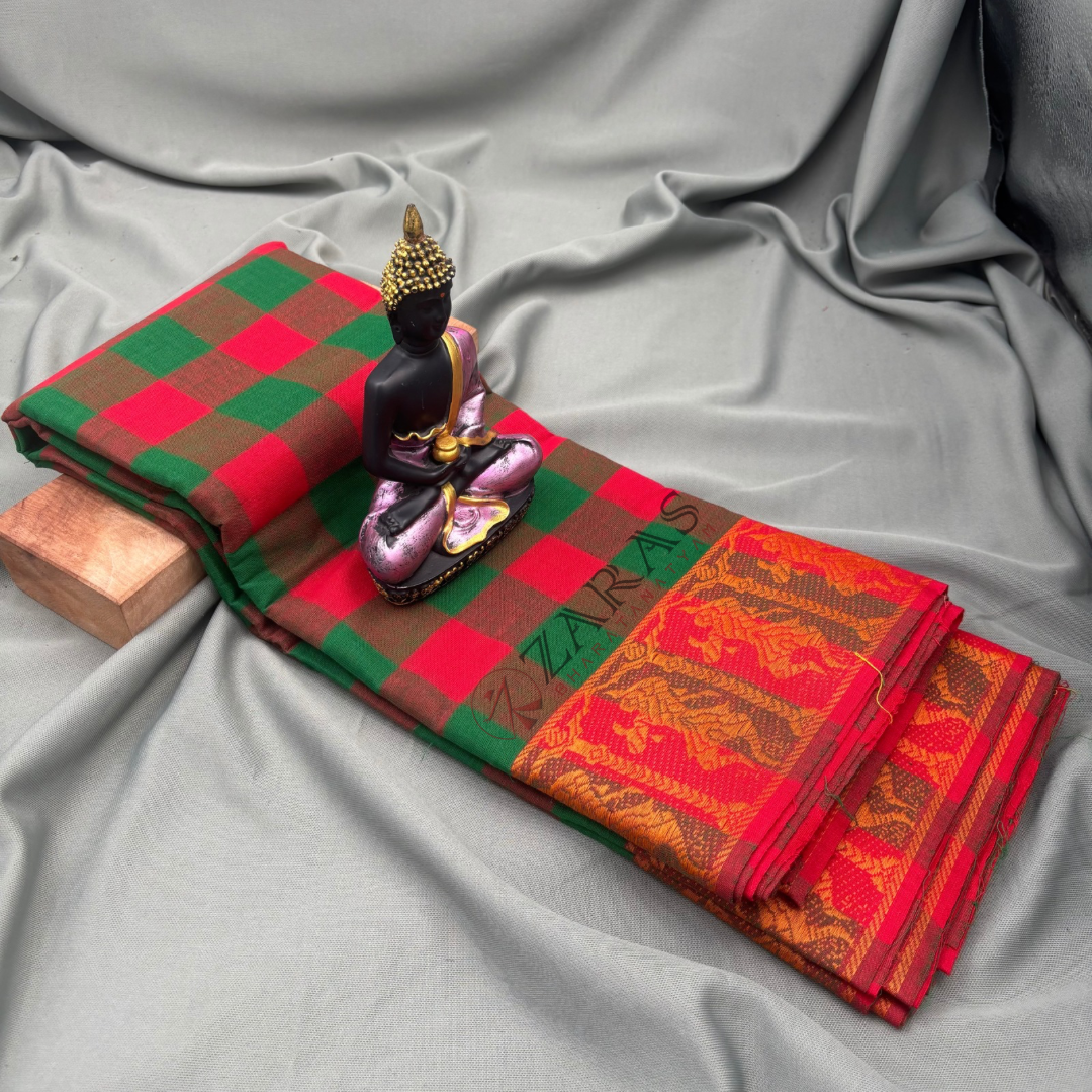 Bharatanatyam Dance Practice Saree - Green With Red Checked With Gold Doll Border image 1