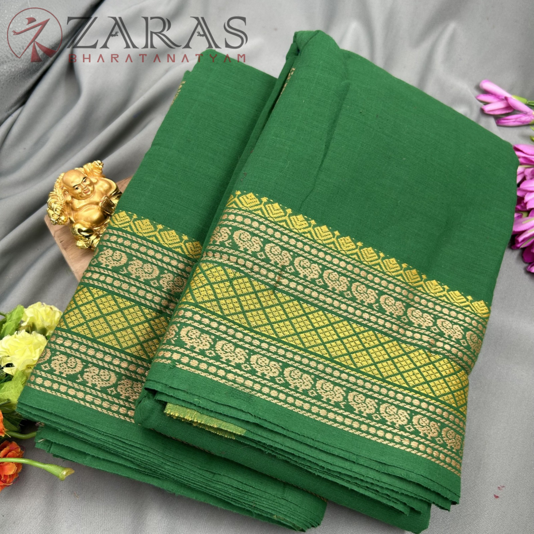 Bharatanatyam Dance Practice Saree - Green with Gold S Peacock Border image 1