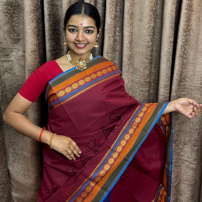 Bharatanatyam Dance Practice Saree - Maroon with Blue Temple Coin Border image 0
