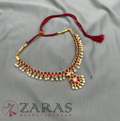 Bharatanatyam Dance Jewellery - Necklace 1 Line Attigai & Flower Red Kemp CS Beads image 2