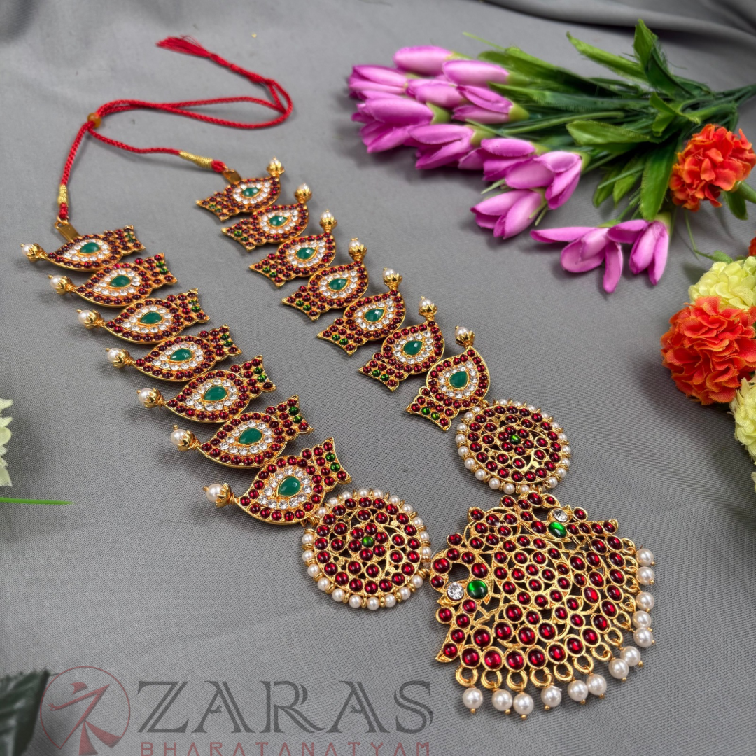 Bharatanatyam Dance Jewellery Haaram - Thilagam & Padak RG Kemp Maalai / Long Beads image 1