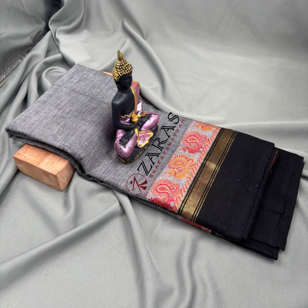 Bharatanatyam Dance Practice Saree -  Grey Black Small Peacock Border image 1