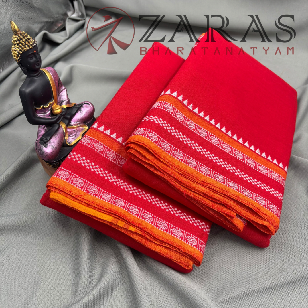 Bharatanatyam Dance Practice Saree - Red with White Double Coin Border image 2
