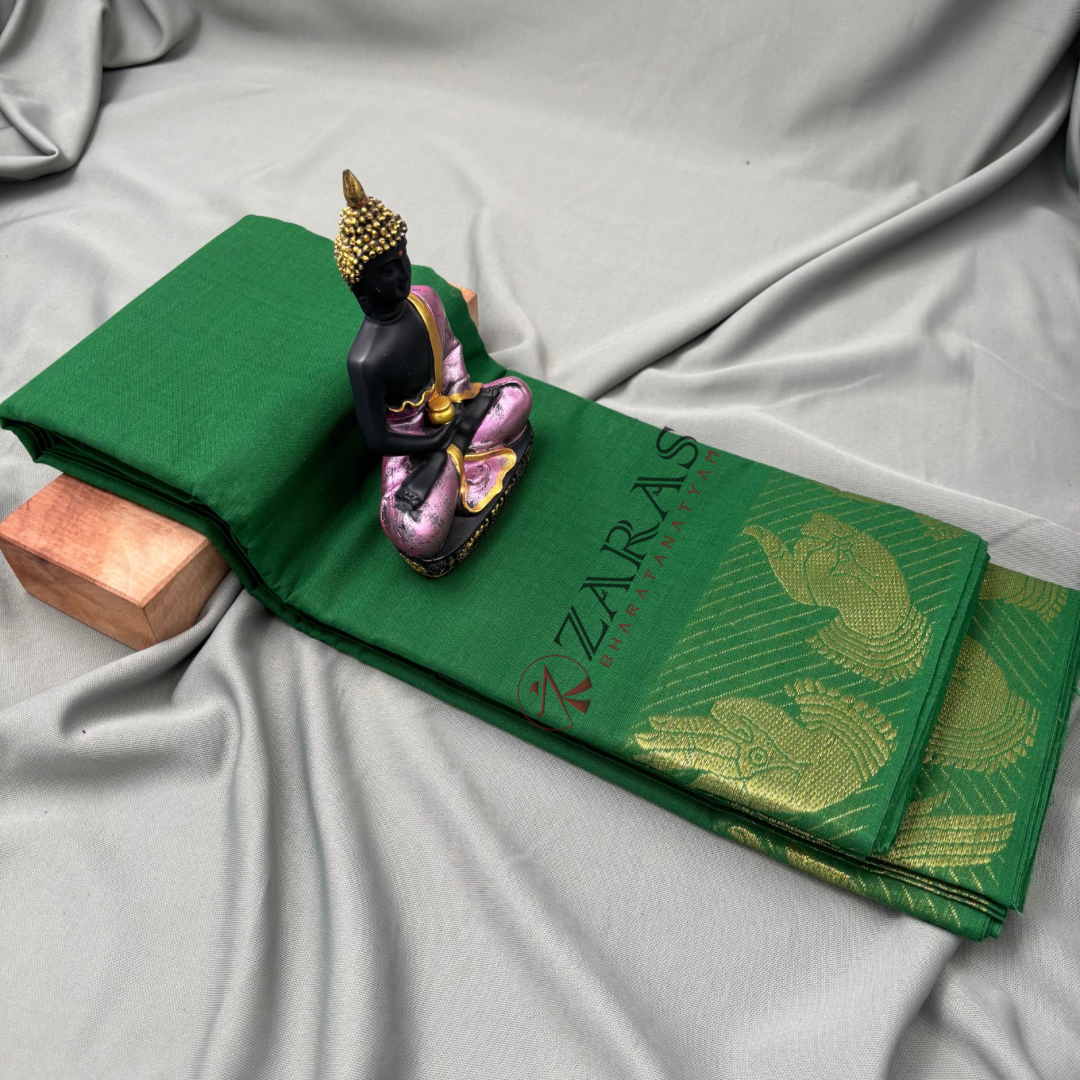 Bharatanatyam Dance Practice Saree - Green with Gold Mudra Border image 1