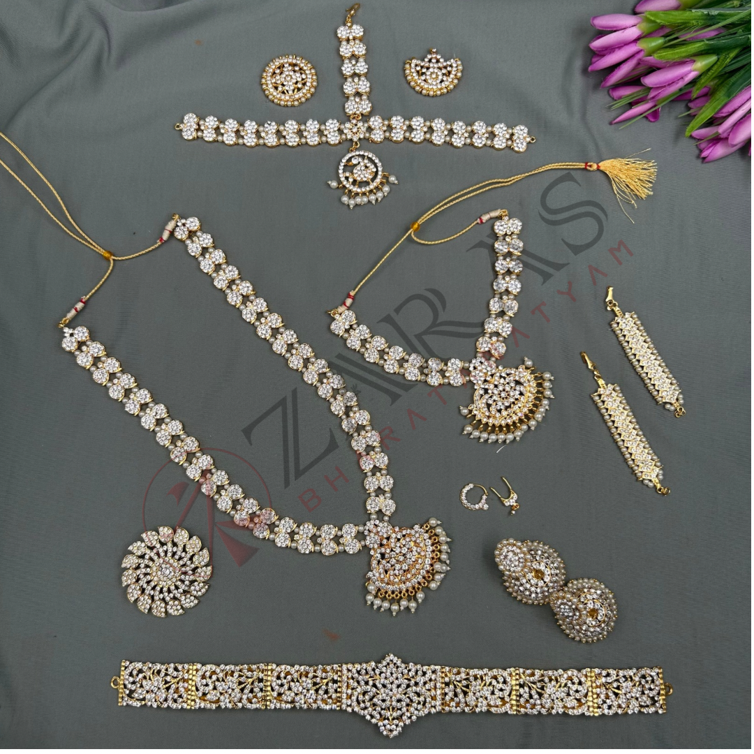 Bharatanatyam Dance Jewellery - D Manga White Stone Full Set image 0