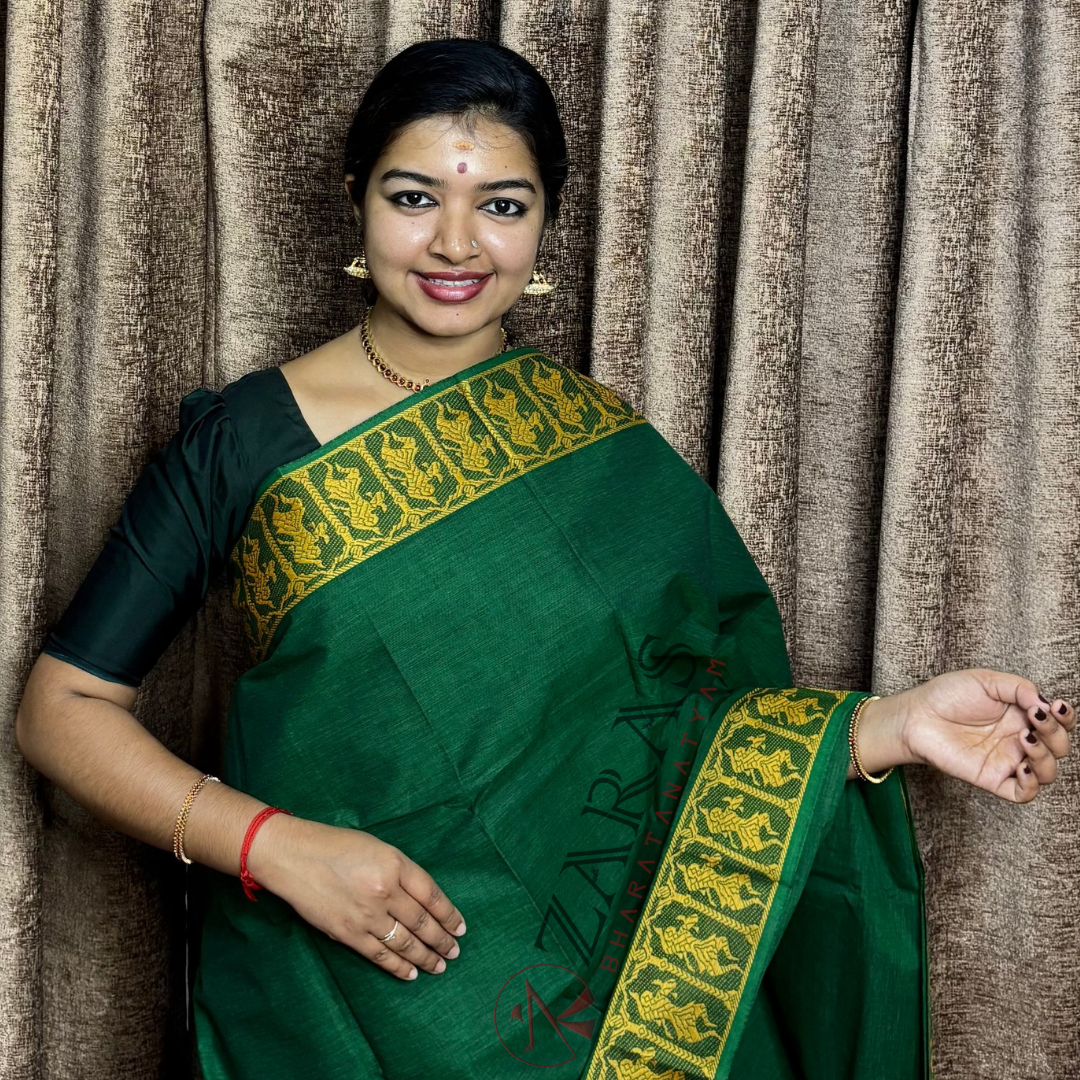 Bharatanatyam Dance Practice Saree - Dark Green Gold Doll Border image 0