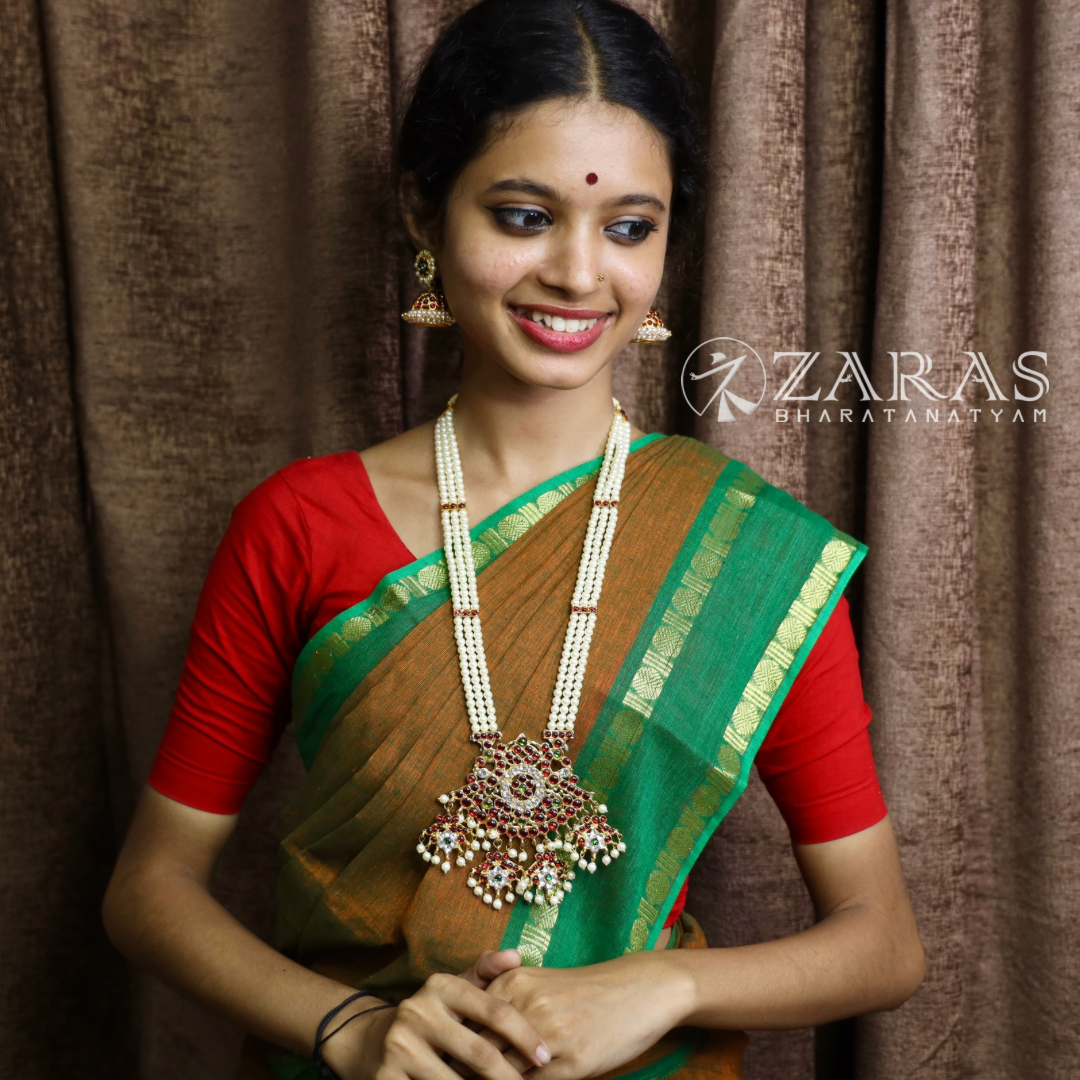 Bharatanatyam Dance Jewellery - 3 Lines Beads Padak with Leaf Haaram image 1