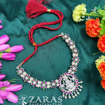 Bharatanatyam Dance Silver Jewellery - Flower & Lakshmi Necklace PG Kemp CS image 0