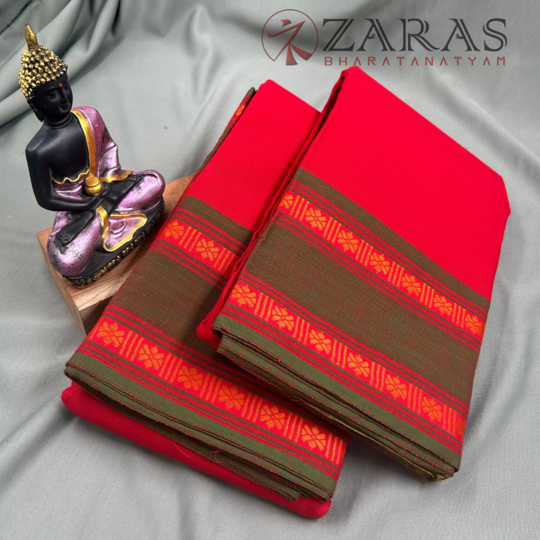 Bharatanatyam Dance Practice Saree - Red with Green Flower Border image 1