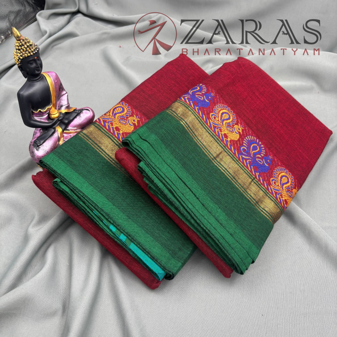 Bharatanatyam Dance Practice Saree - Maroon Mix Black Green Small Peacock Border image 1