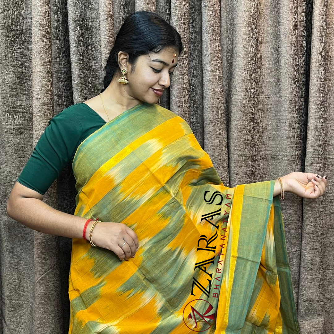 Bharatanatyam Dance Practice Saree - M yellow Green Mixed Ikkat Border image 0