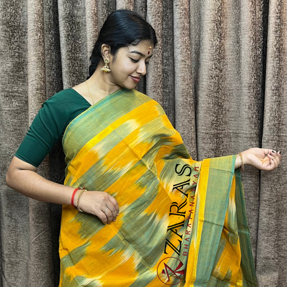Bharatanatyam Dance Practice Saree - M yellow Green Mixed Ikkat Border image 0
