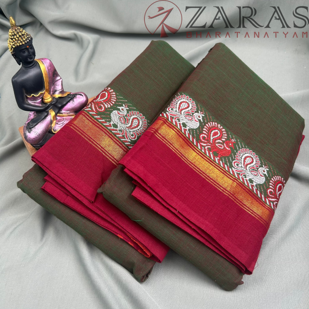 Bharatanatyam Dance Practice Saree - Brown Mix Green with Red S Peacock Border image 1