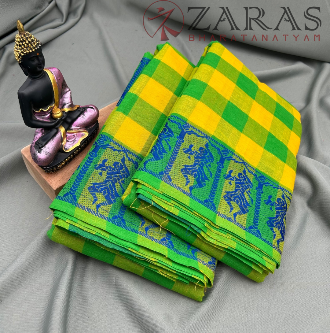 Bharatanatyam Dance Practice Saree - L Yellow with Blue  Checked Doll Border image 1