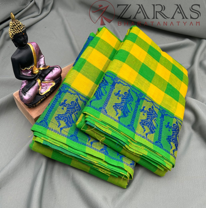 Bharatanatyam Dance Practice Saree - L Yellow with Blue  Checked Doll Border image 1
