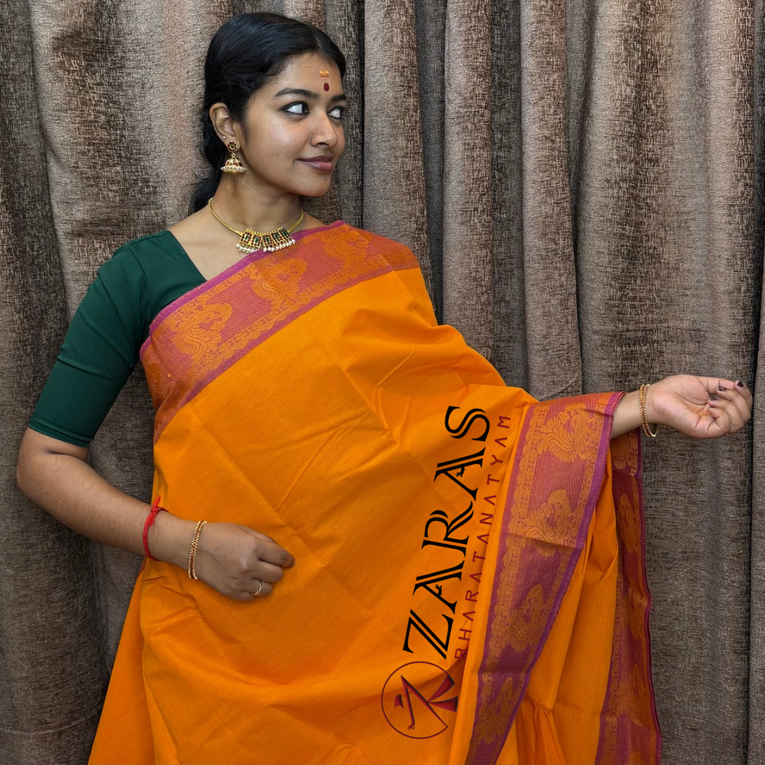 Bharatanatyam Dance Practice Saree - Mango Yellow Mus Peacock Border image 0