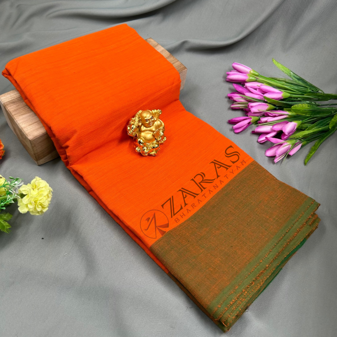 Bharatanatyam Dance Practice Saree - Orange with Green Plain Border image 0