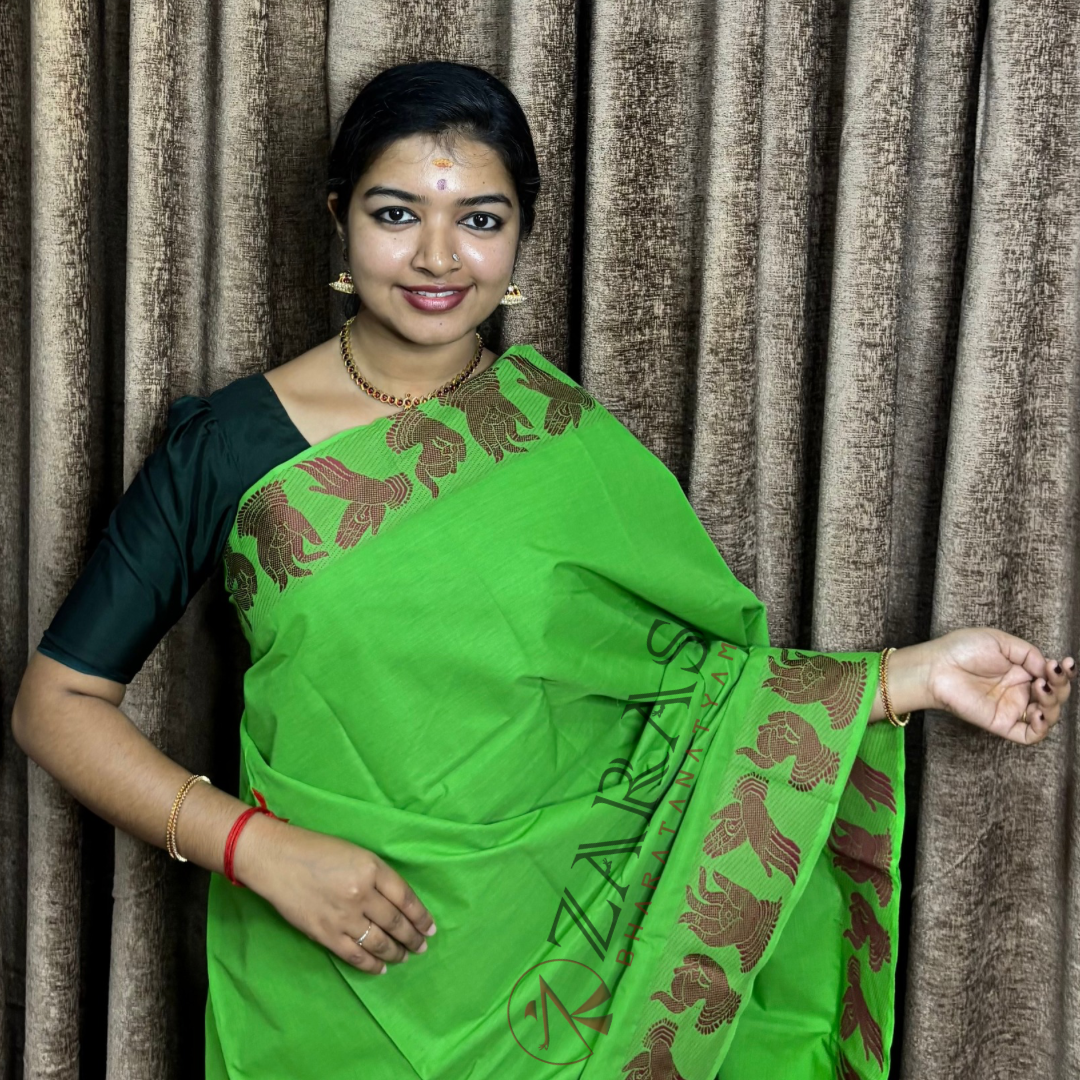 Bharatanatyam Dance Practice Saree - Parrot Green Red Mudra Border image 0