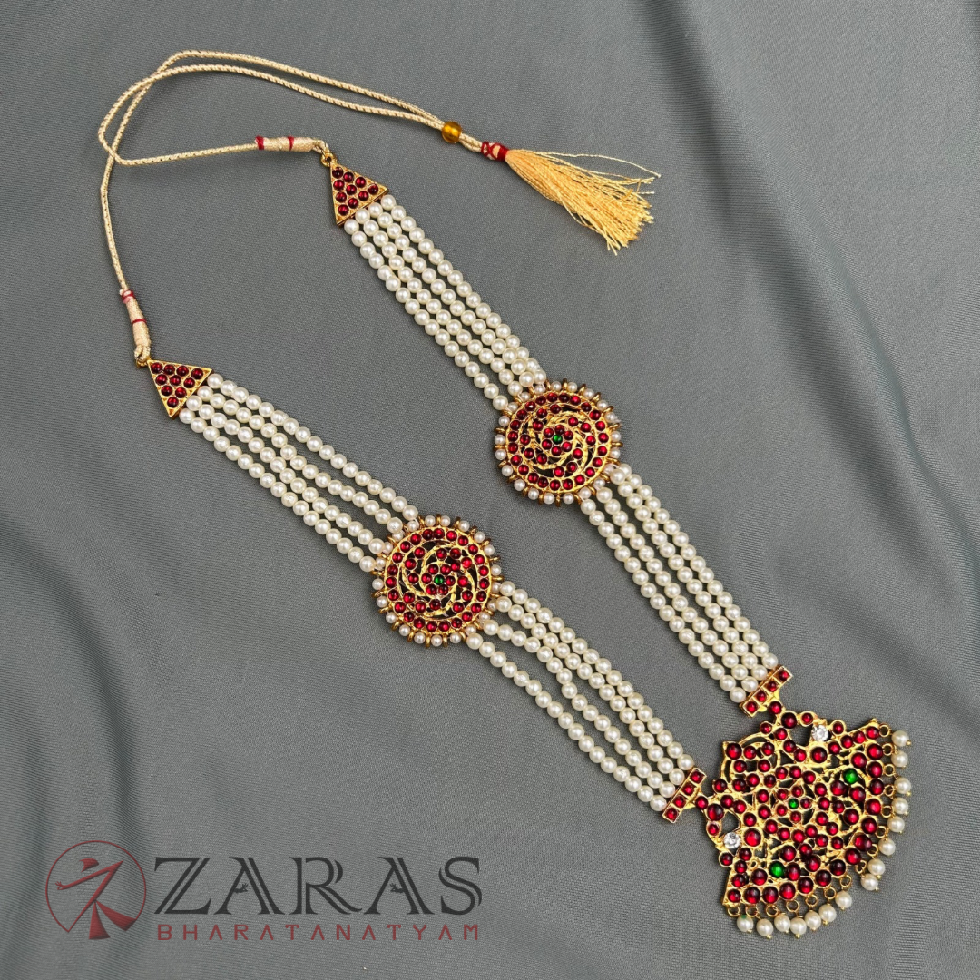 Bharatanatyam Dance Jewellery - 4 Lines Beads Sun Padak RG Kemp Haaram / Long Chain image 2