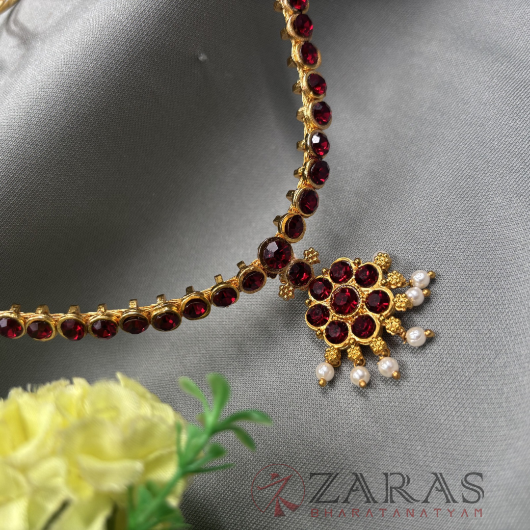 Bharatanatyam Dance Jewellery - Necklace 1 Line Attigai & Flower Maroon Stone image 0