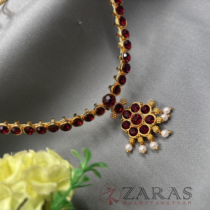 Bharatanatyam Dance Jewellery - Necklace 1 Line Attigai & Flower Maroon Stone image 0