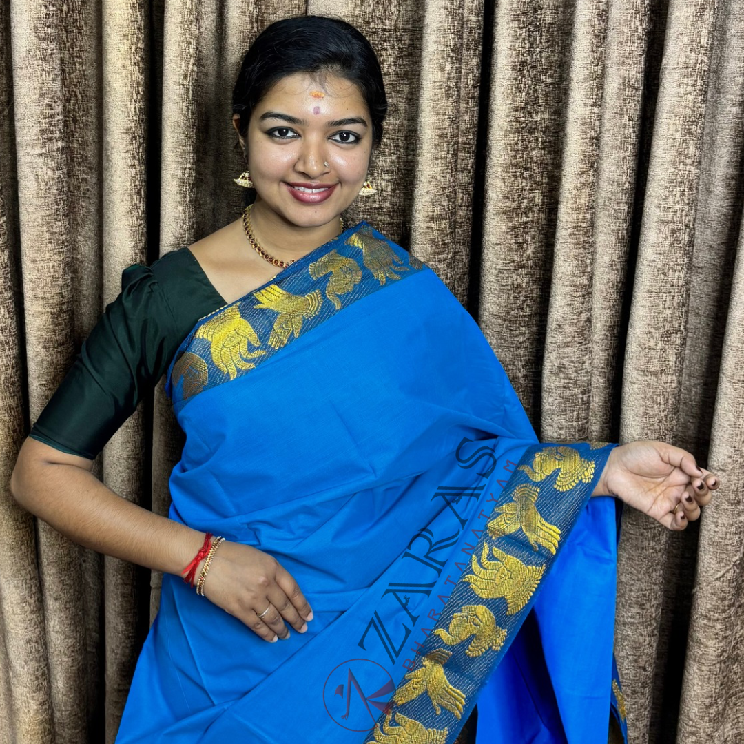 Bharatanatyam Dance Practice Saree - L Blue With Gold Mudra Border image 0