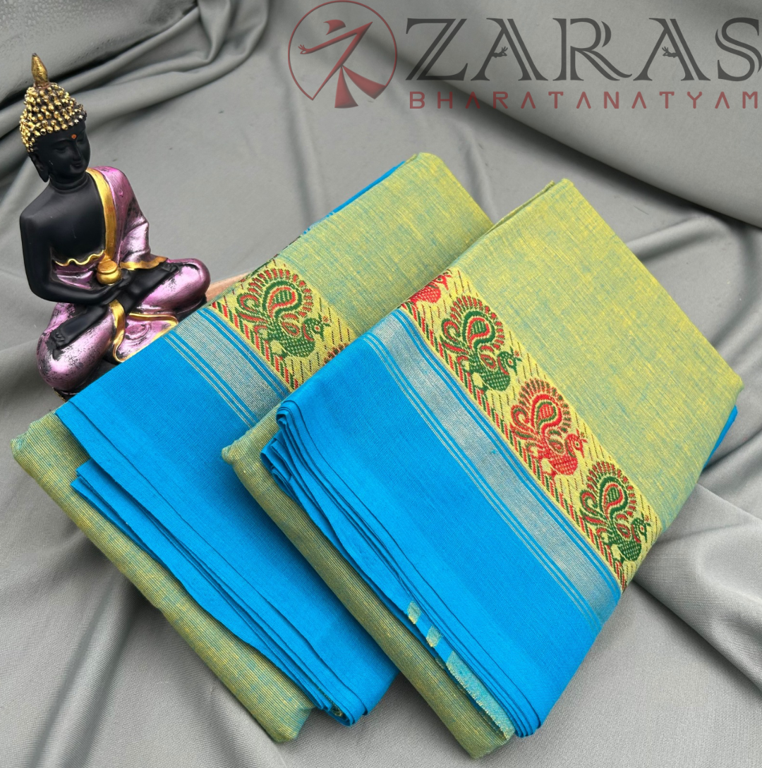 Bharatanatyam Dance Practice Saree - Pista Green with Blue Small Peacock Border image 1