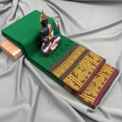 Bharatanatyam Dance Practice Saree - Green with Br Big Peacock Border image 1