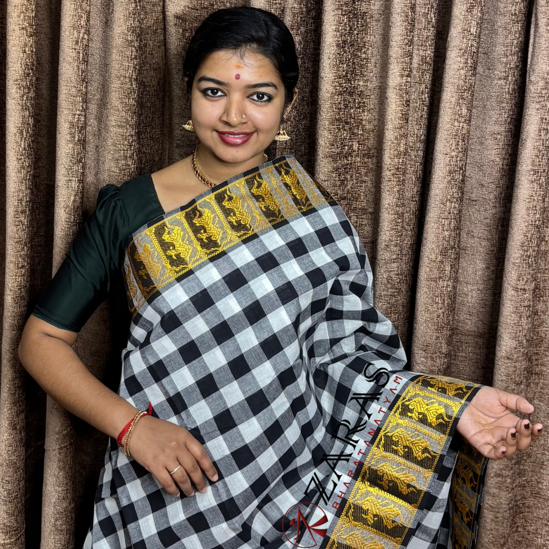 Bharatanatyam Dance Practice Saree - Black and White Checked With Gold Doll Border image 0