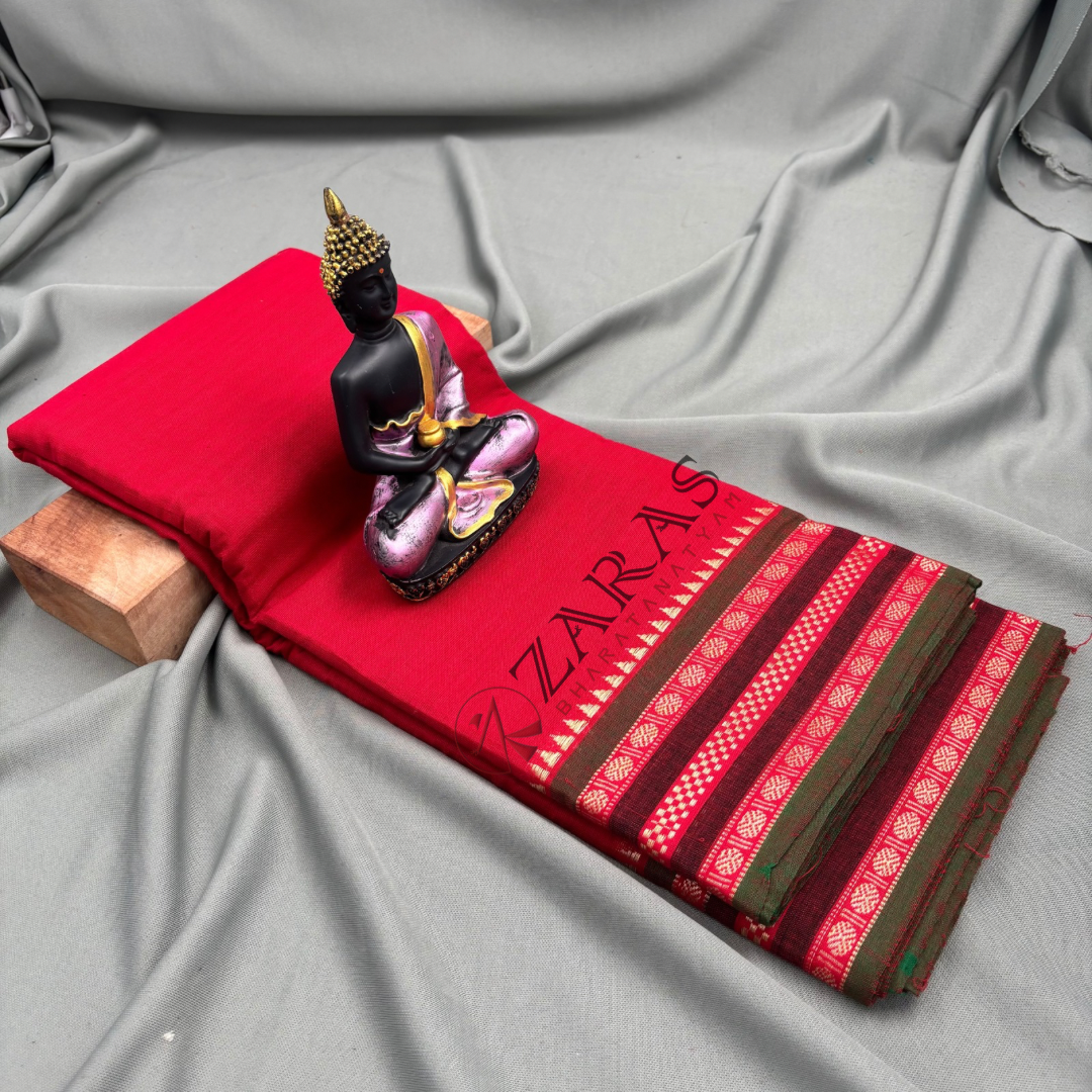 Bharatanatyam Dance Practice Saree - Red with Green Double Coin Border image 1