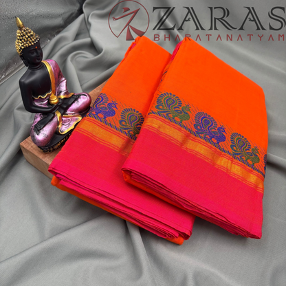 Bharatanatyam Dance Practice Saree - Orange Red Small Peacock Border image 2